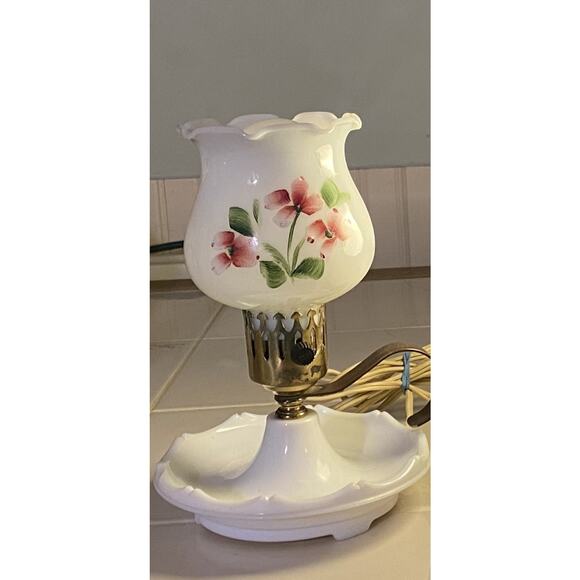 Vintage Milk Glass Hurricane Parlor Hand Painted Floral Lamp Scallop Base Style - Picture 1 of 16